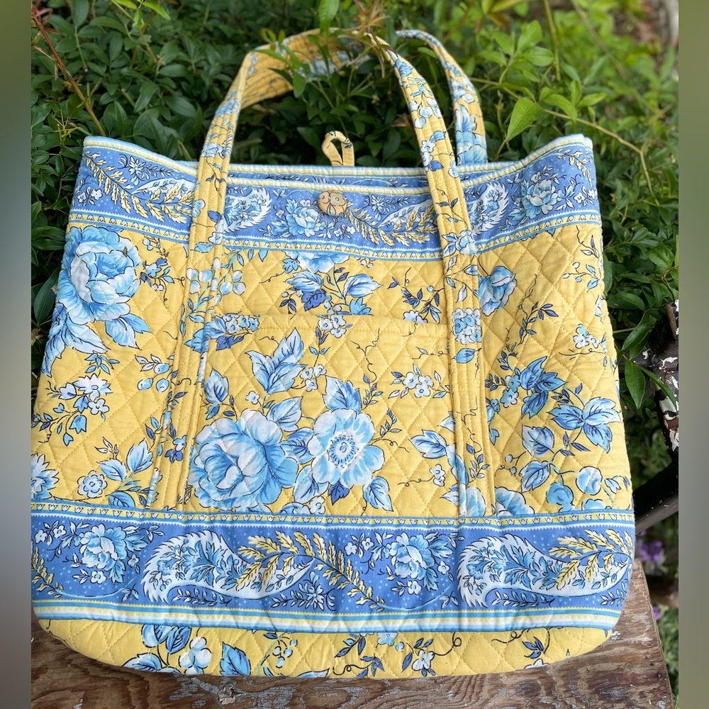 Vintage Quilted Keepers yellow & blue floral fabric tote cottage French Country - Picture 2 of 12
